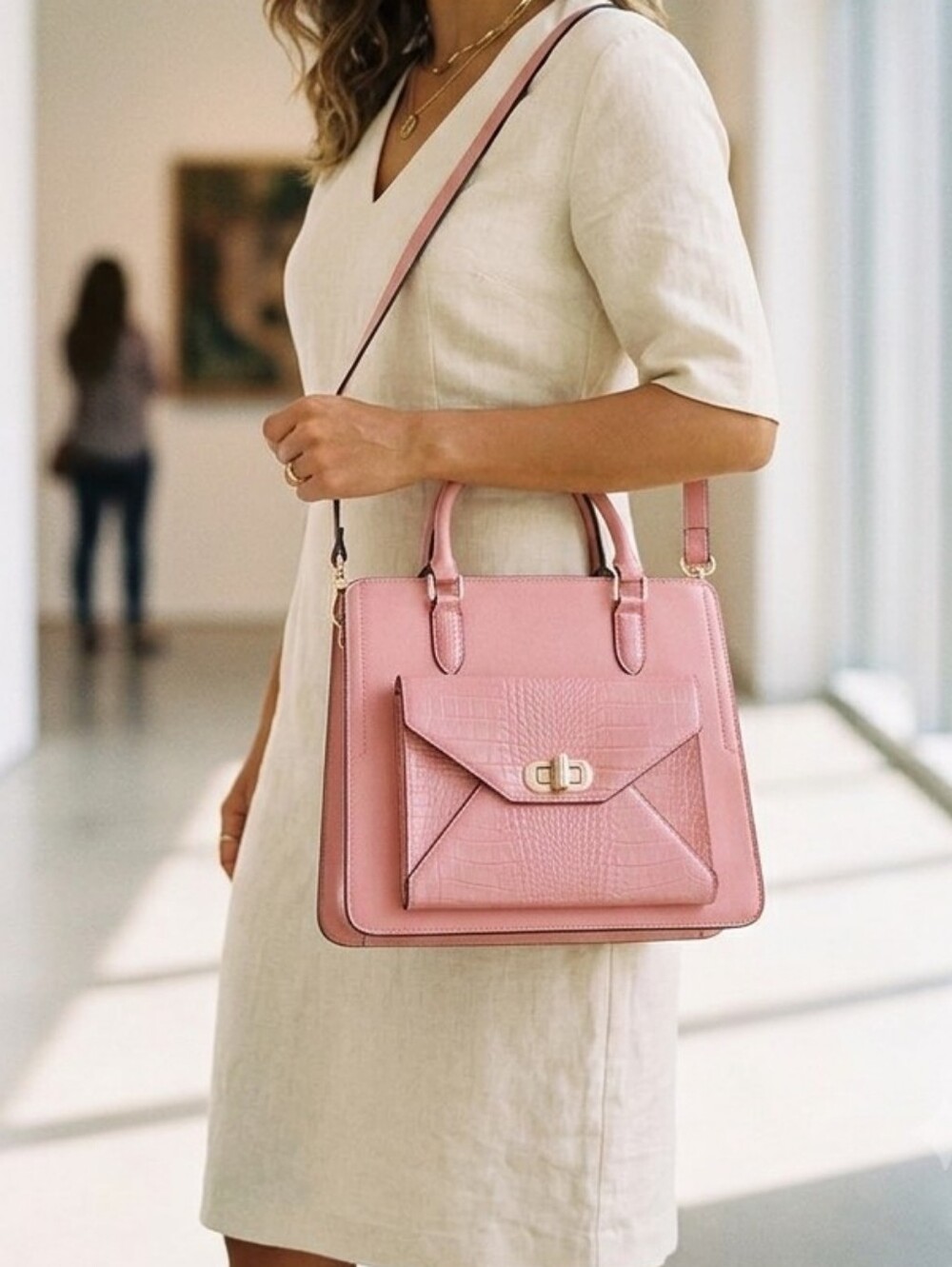 Source Unknown Blush Pink Satchel with Croc-Embossed Front Pocket